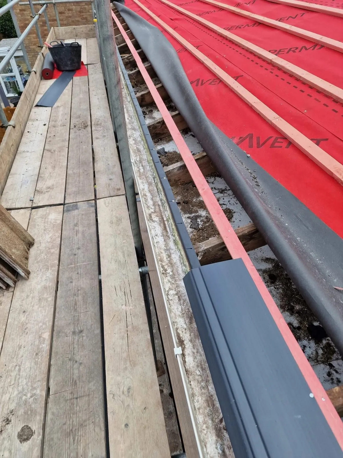 Breathable membrane and battens fitted during a re-roof in Polperro